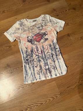 Vintage One World Y2K Graphic Ribbed Baby Tee with Rhinestones and Heart